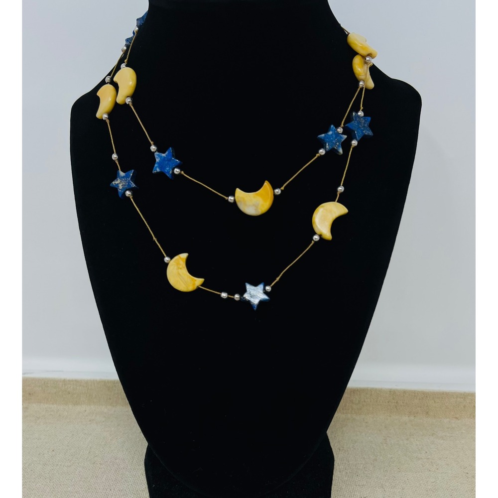 Celestial Sterling Silver Lapis Lazuli Moon and Star Beaded Necklace 14.5 Inch